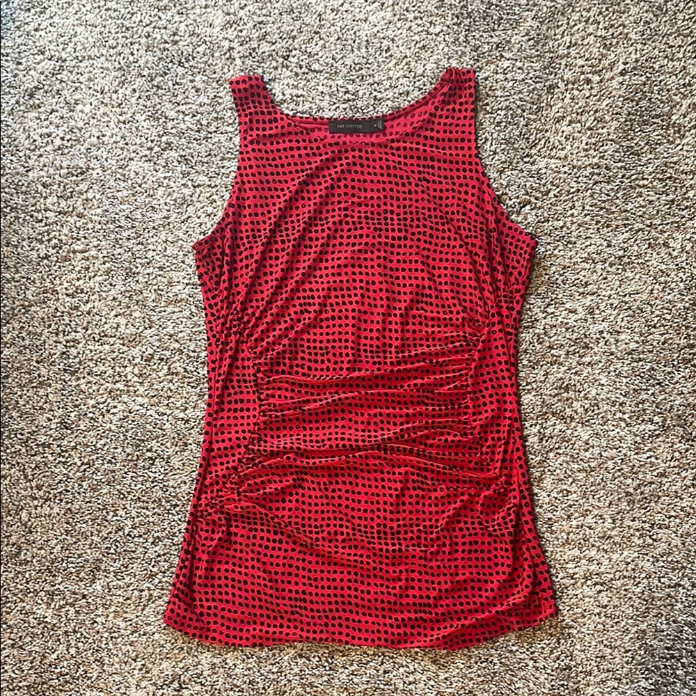 The Limited Red and Black Polka Dot Fitted Tank Top Tunic with Front Ruching